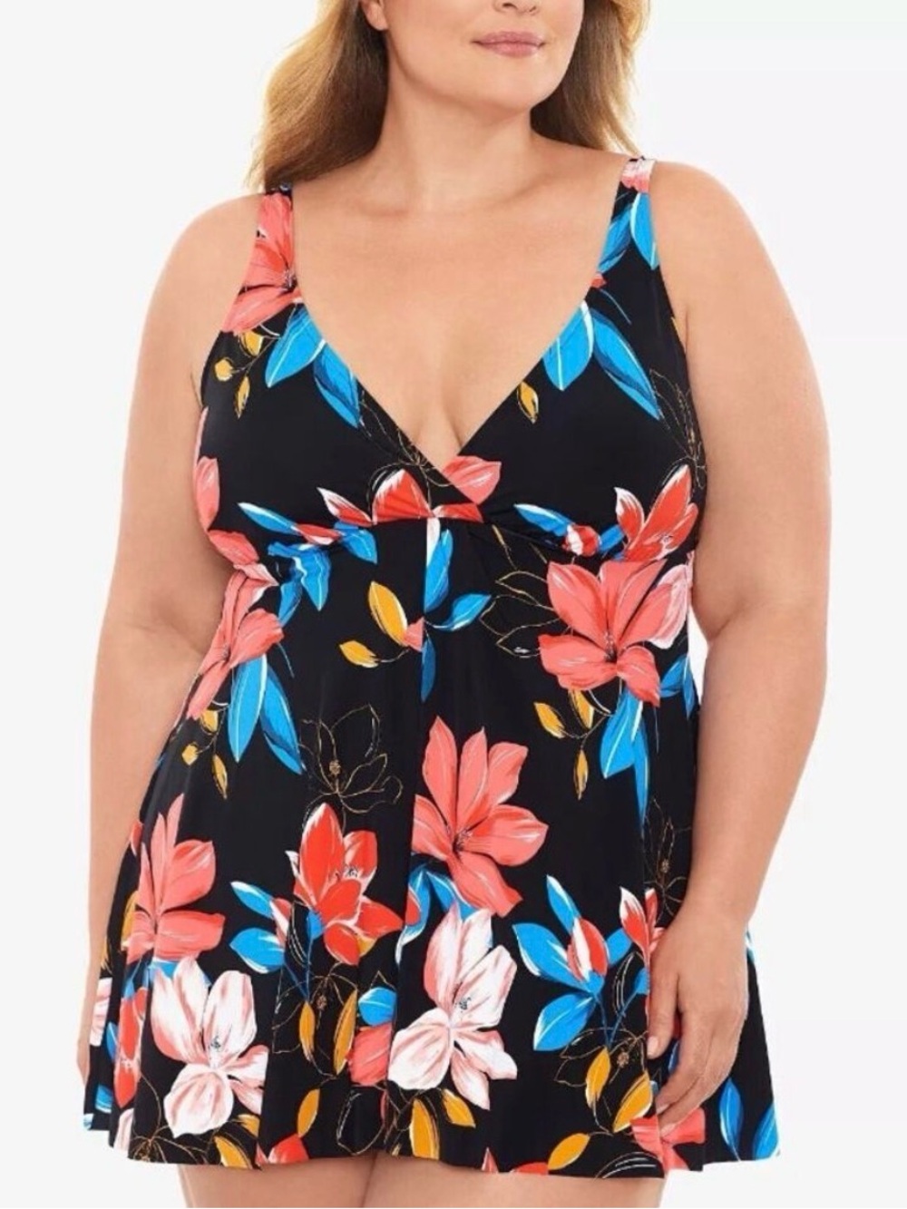 Black Floral Fly Away V-Neck Swimdress with Coral & Blue Flowers